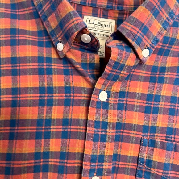 L.L. BEAN Mens Shirt Heavy 100% Cotton Plaid Slightly Fitted Blue Orange Size LG - Picture 4 of 10